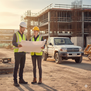 man and women on worksite with landcruiser